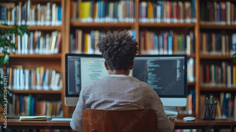 Poster A multiethnic boy focuses intently on coding at his desk in a vibrant library, with shelves filled with colorful books, suggesting a world of knowledge and creativity