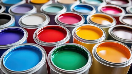 An array of vibrant paint cans showcases an assortment of colors, perfect for creative projects and artistic inspiration in various design applications.