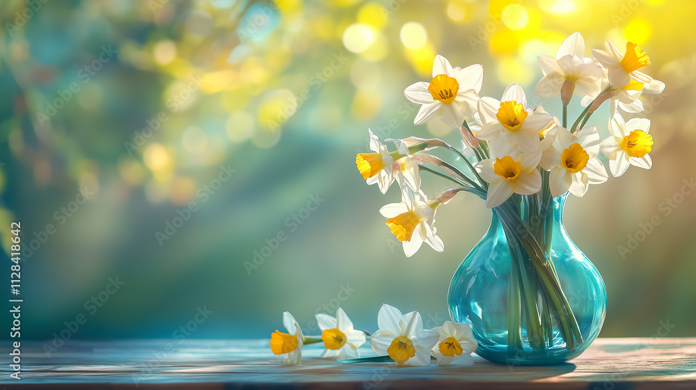Poster Beautiful bouquet of daffodils in a blue vase on a sunlit table surrounded by soft bokeh. Generative AI