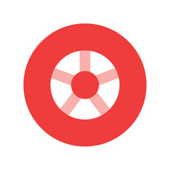 A stylized red wheel with a central design