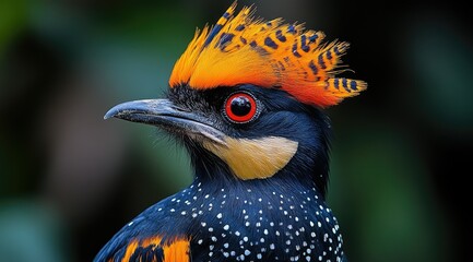 Close-up of a vibrant, exotic bird with a striking orange and black crest, sharp beak, and intense red eyes.