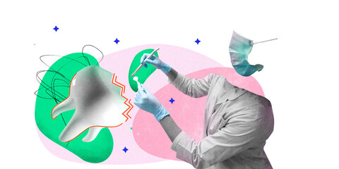 Dentist in mask holding dental tools, examining tooth illustration in abstract healthcare-themed...