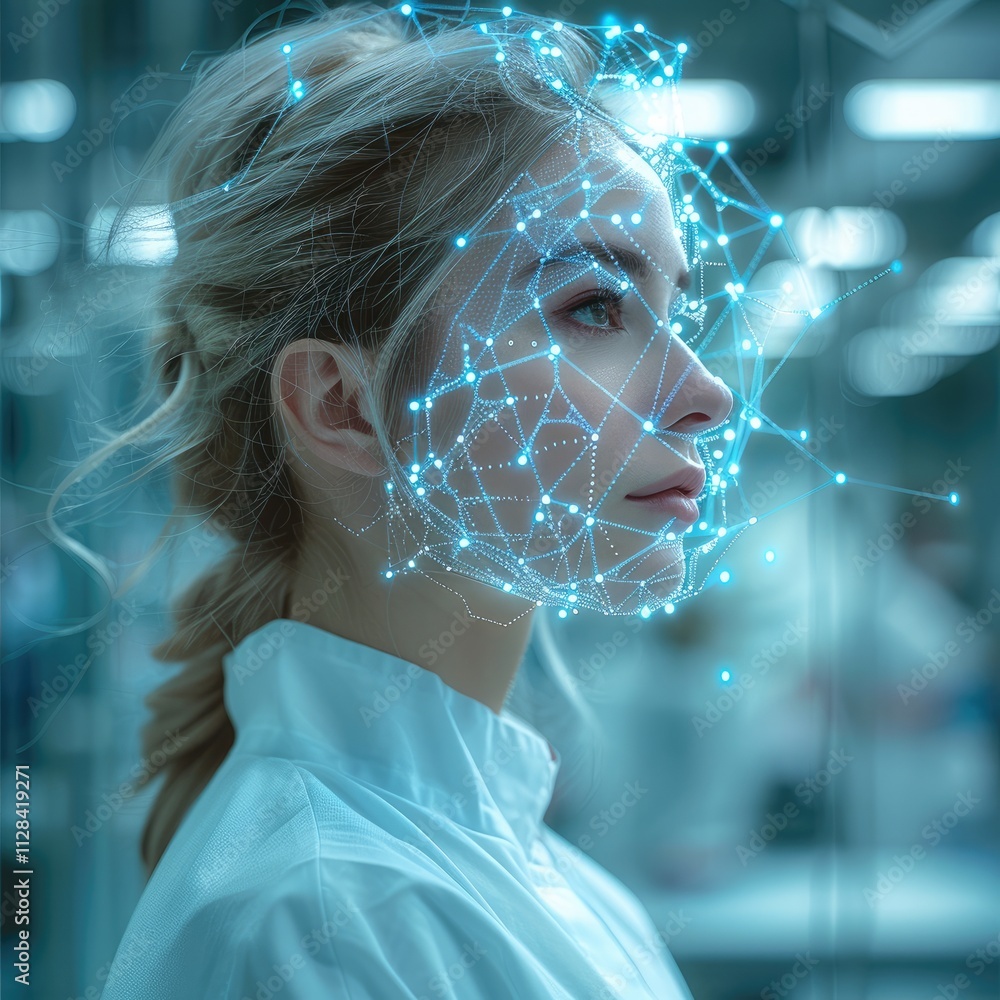 Poster a female doctor with a neural network of artificial intelligence in the background, white pale blue 