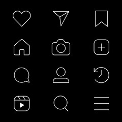 Social media interface set of icons on black background, like, share, comment, save etc