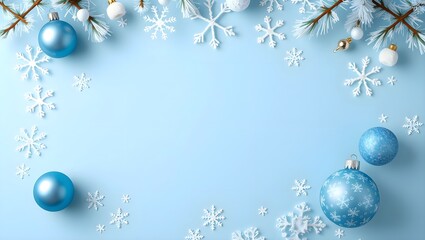 Winter wonderland! Festive blue ornaments and snowflakes on a light blue background create a magical Christmas scene.