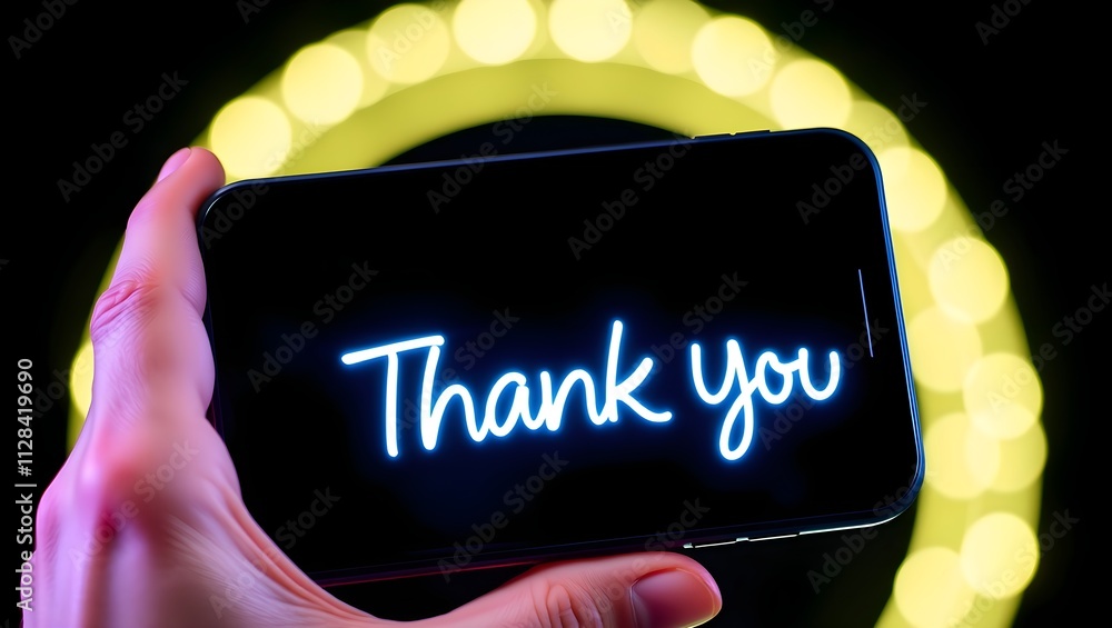 Poster a hand holds a smartphone displaying a glowing 'thank you' message against a blurred yellow bokeh ba