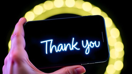 A hand holds a smartphone displaying a glowing 'Thank You' message against a blurred yellow bokeh background.  Grateful expression.