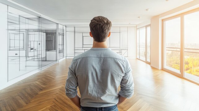 Man envisions home renovation; overlaid blueprint shows future design. Ideal for real estate, architecture, and home improvement concepts.