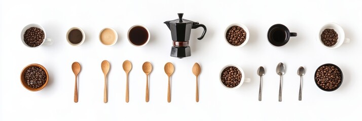Coffee beans, various cups, wooden spoons, and a coffee maker are arranged for preparing delicious coffee in a cozy setting. Generative AI