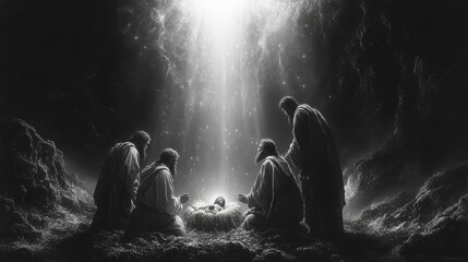 Obraz premium christmas nativity scene the shepherds visiting jesus black and white artwork