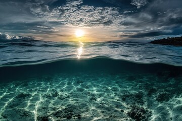 Serene sunset over clear ocean waters.