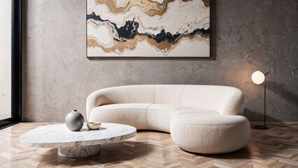 Generative AI, Modern living room with sculptural boucle sofa and textured abstract art