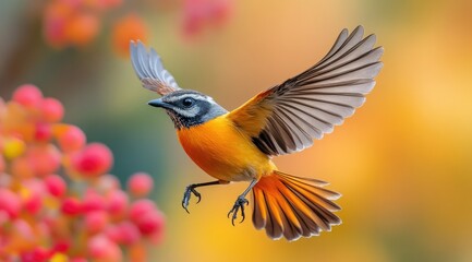 Fototapeta premium Colorful bird in flight near red berries.