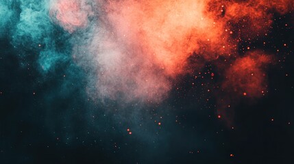 Fototapeta premium Colorful smoke clouds with glowing particles in dark space