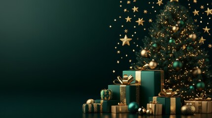 Elegant christmas tree with gold ornaments and green presents against a dark green background