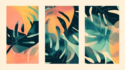Fototapeta premium Tropical abstract art: modern monstera leaf triptych in vibrant hues