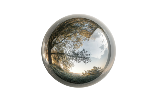 Reflective sphere captures serene landscape with trees and soft clouds in early evening light