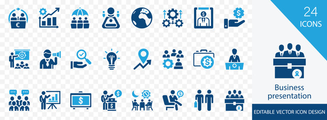 Business presentation solid icon set. containing explanation,, presenter, business, conference, keynote, briefing, and more vector design