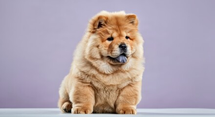 Adorable chow chow puppy with fluffy coat against a soft purple background