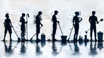 cleaner man stick figure pictogram icons with cleaning supplies and equipmen