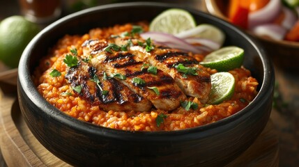 Fototapeta premium Grilled chicken served over flavorful rice with lime
