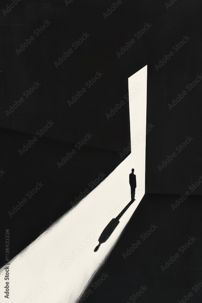 Poster exploring existentialism: a minimalist silhouette in a monochrome world with profound shadows and li