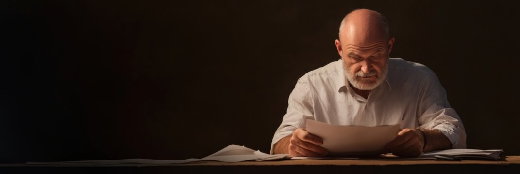 A contemplative older man is deeply engrossed in examining a stack of documents on a table, showcasing concentration and the weight of decision-making in his expression.