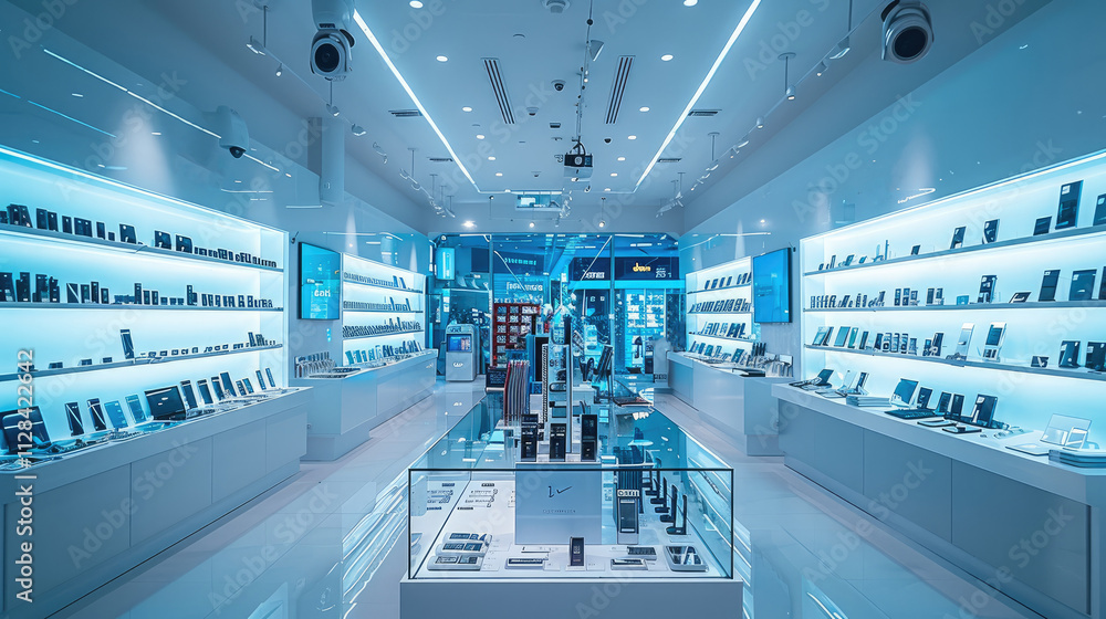 Poster a brightly lit electronics store with a sleek glass display case full of valuable gadgets, a securit