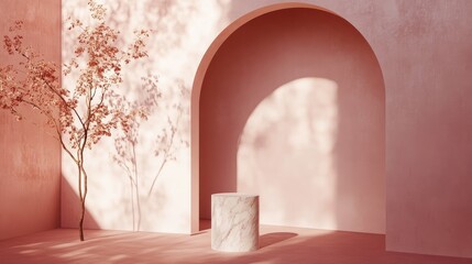 A serene interior scene featuring a marble pedestal and a flowering tree in soft pink tones.