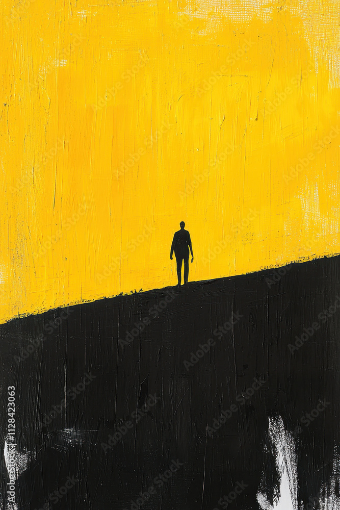 Poster exploring solitude: a stark silhouette depicting isolation on an abstract canvas with bold yellow an
