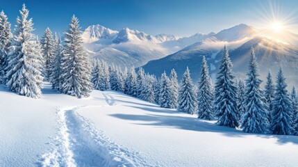 Winter Wonderland: Majestic snow-covered mountain range with sunrise