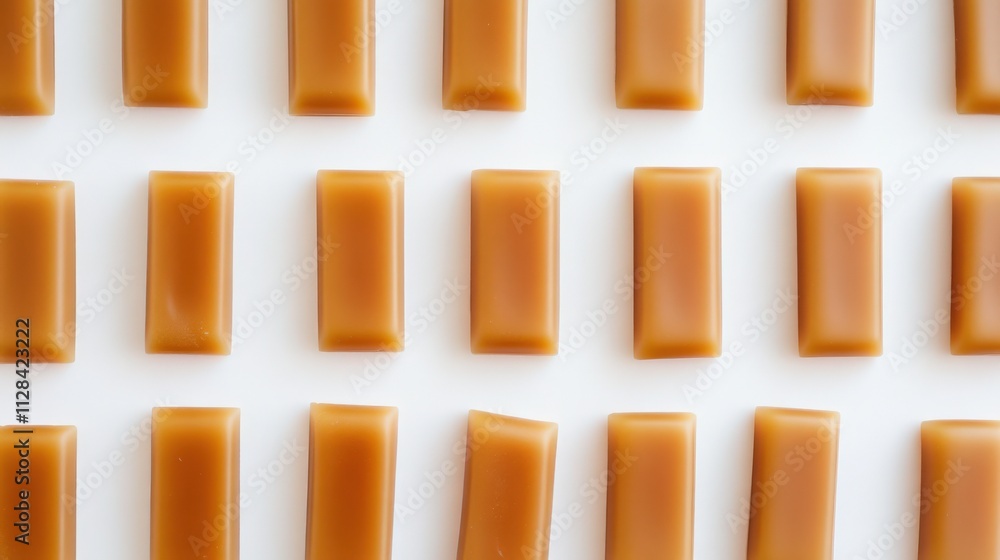 Poster flat lay arrangement of golden caramel rectangles on white surface creating a minimalist and elegant