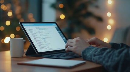 A close-up shot of a tablet screen displaying a coding tutorial, with a student’s hands typing on a keyboard beside it. The workspace includes a notebook and a coffee mug 
