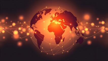 Global network connection, orange and dark background. Abstract digital world map illustration.