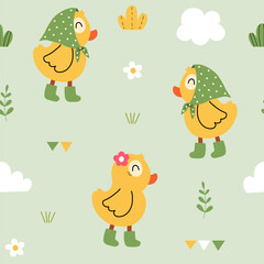 Seamless pattern of cute little ducks wearing head scarf, boots ,with cloud, leaves and flowers on light green background for baby textiles, apparel, nursery decor, gift wrapping paper.