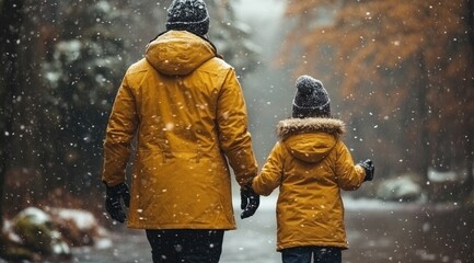 Father and child holding hands, walking in snowy woods.