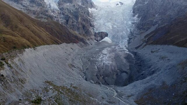 Aerial view of terminus of Adishi Glacier in Caucasus Mtns of Georgia