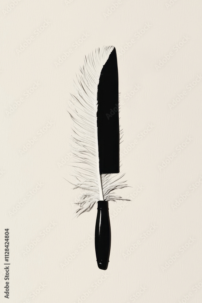 Poster exploring the juxtaposition of softness and sharpness in a minimalist knife and feather art design