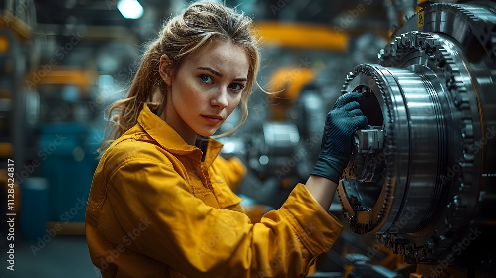 Poster a futuristic factory scene featuring an advanced robotic system assembling wind turbine components s