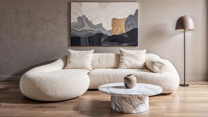 Generative AI, Modern living room with sculptural boucle sofa and textured abstract art