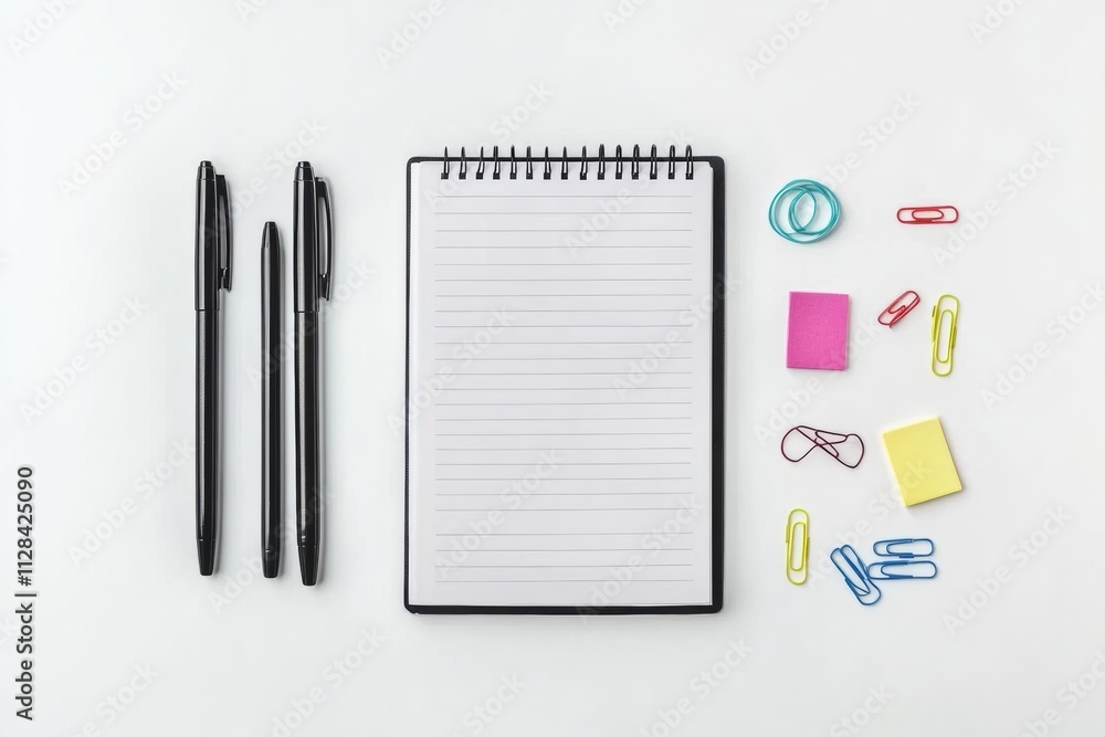 Aufkleber neatly arranged pens, a blank notebook, and various colorful office supplies create an inviting work