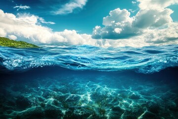 Tranquil underwater scene with waves and clouds above.