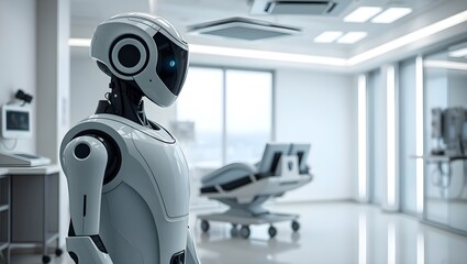 A futuristic medical robot stands in a sterile hospital room, ready to assist.  Clean lines and cool tones create a calming atmosphere.