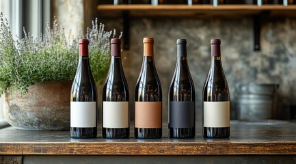 Five wine bottles with blank labels on a rustic wooden table.
