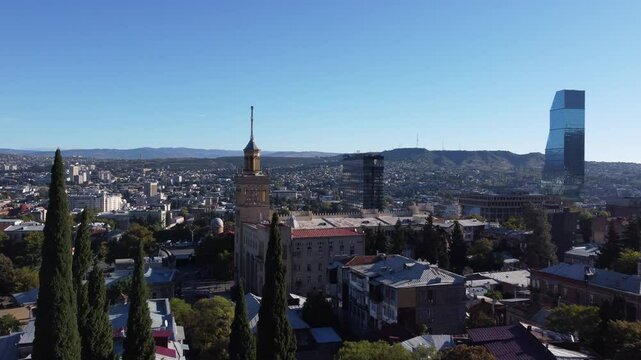 Cityscape aerial approaches Academy of Sciences in Tbilisi, Georgia