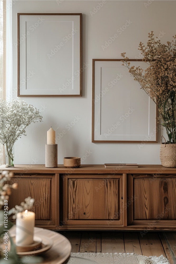 Aufkleber Two same-sized empty large wooden photo frames, hanging over a sideboard in the middle of an eclectic living room, a candle and flowers on the sideboard.