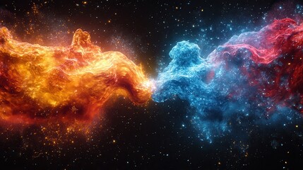 Obraz premium colorful depiction of two proton particles colliding on black background