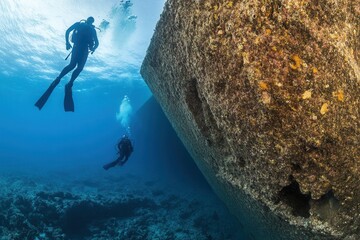 Two divers exploring an underwater structure.
