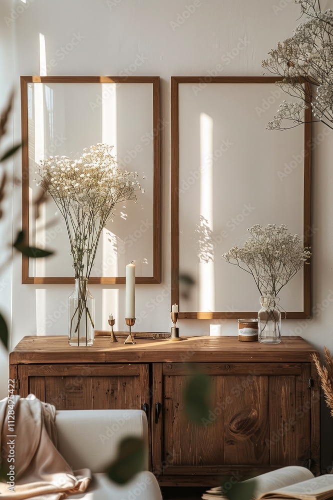 Aufkleber Two same-sized empty large wooden photo frames, hanging over a sideboard in the middle of an eclectic living room, a candle and flowers on the sideboard.