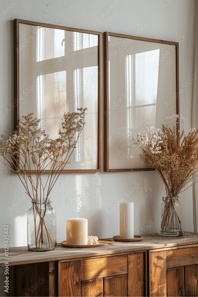 Poster Two same-sized empty large wooden photo frames, hanging over a sideboard in the middle of an eclectic living room, a candle and flowers on the sideboard.